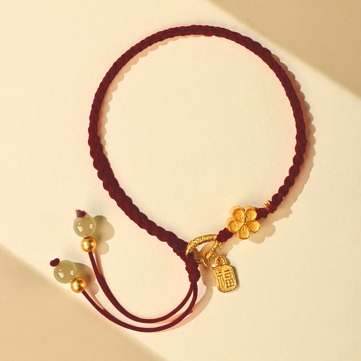 Buddha Stones Hetian Jade Mały Brzoskwiniowy Kwiat Fu Charakter Charm Bransoletka Sznurek Szczęścia