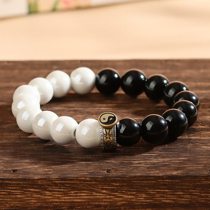 Buddha Stones Czarny Obsydian Białe Porcelany Koraliki Bransoletka Spełnienie Yin Yang