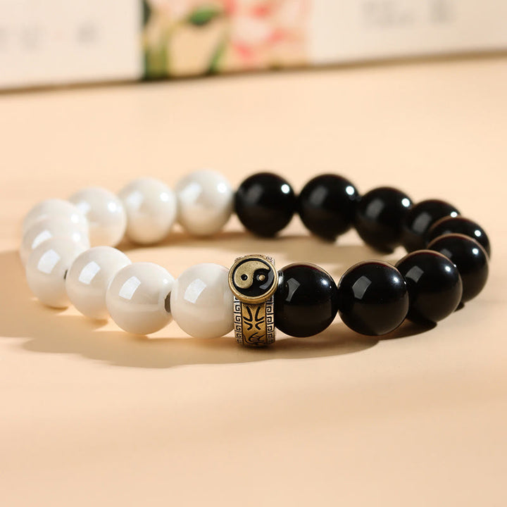 Buddha Stones Czarny Obsydian Białe Porcelany Koraliki Bransoletka Spełnienie Yin Yang