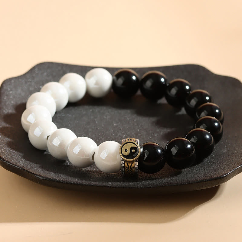 Buddha Stones Czarny Obsydian Białe Porcelany Koraliki Bransoletka Spełnienie Yin Yang