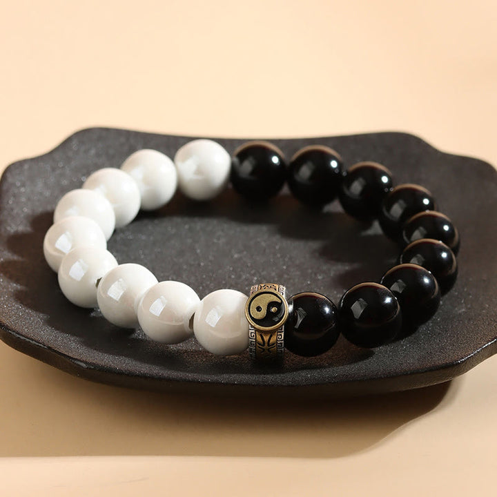 Buddha Stones Czarny Obsydian Białe Porcelany Koraliki Bransoletka Spełnienie Yin Yang