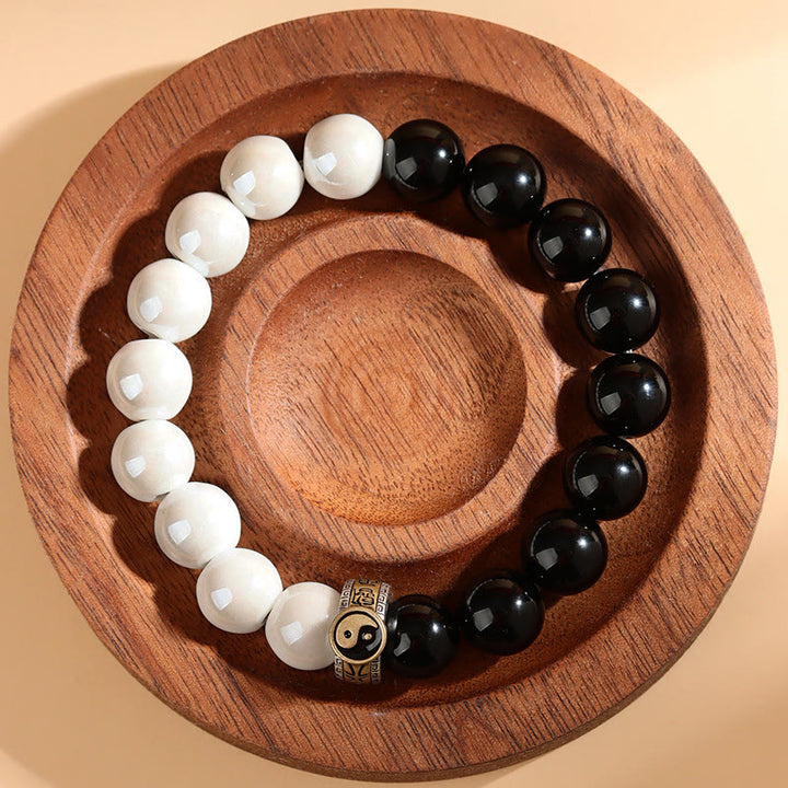 Buddha Stones Czarny Obsydian Białe Porcelany Koraliki Bransoletka Spełnienie Yin Yang