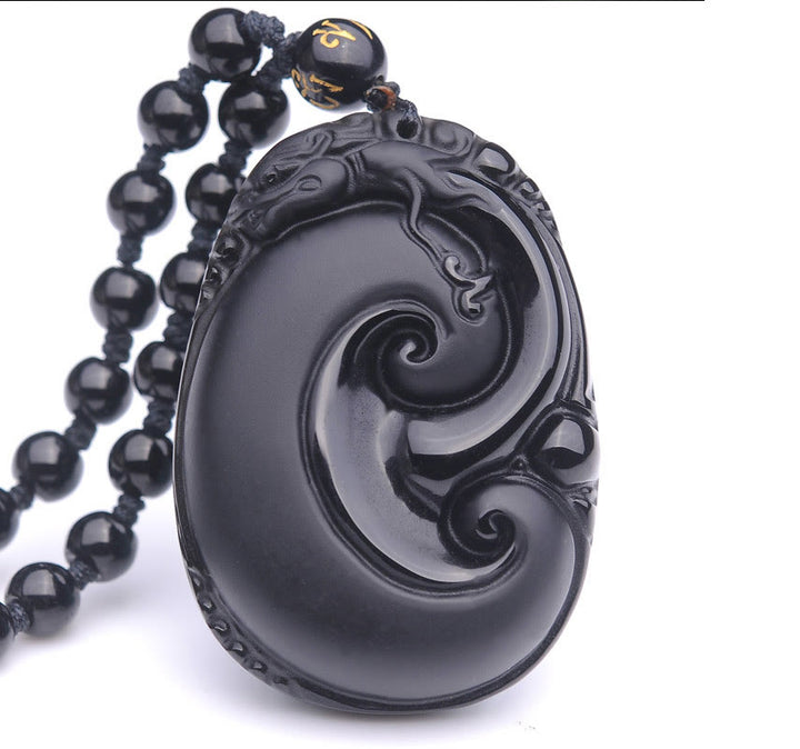 Buddha Stones Naturalny Czarny Obsydian PiXiu Owalny Wzór Siła Naszyjnik Wisiorek - image 12
