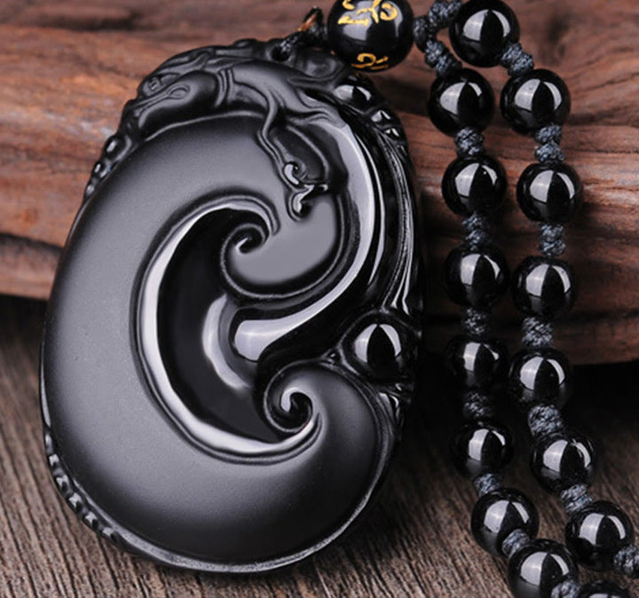 Buddha Stones Naturalny Czarny Obsydian PiXiu Owalny Wzór Siła Naszyjnik Wisiorek - image 3