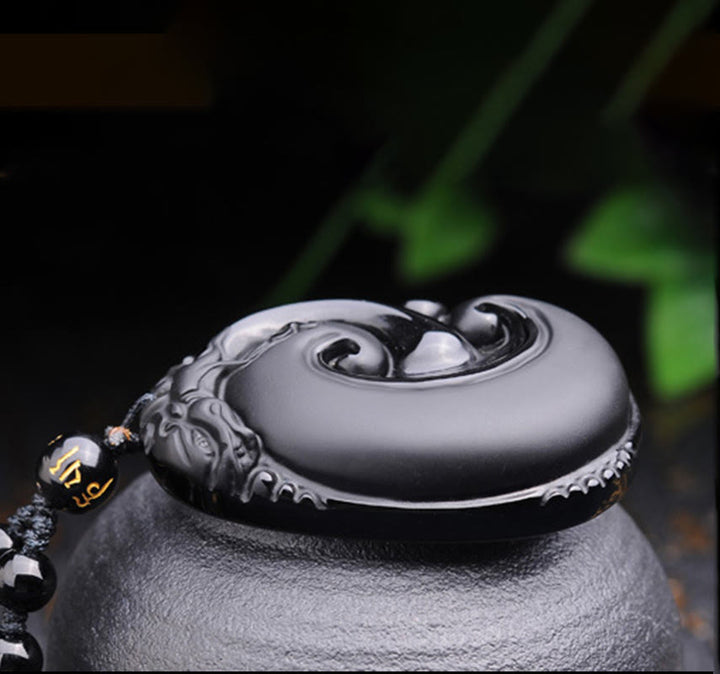 Buddha Stones Naturalny Czarny Obsydian PiXiu Owalny Wzór Siła Naszyjnik Wisiorek - image 8