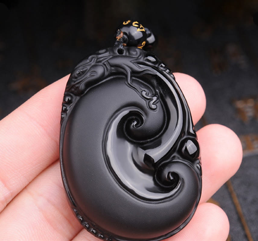 Buddha Stones Naturalny Czarny Obsydian PiXiu Owalny Wzór Siła Naszyjnik Wisiorek - image 5