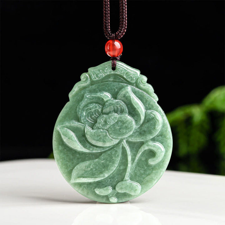 Buddha Stones Okrągły Wzór Lotosu Jadeit Obfitość Dobrobyt Naszyjnik Wisiorek Lina