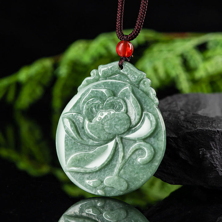 Buddha Stones Okrągły Wzór Lotosu Jadeit Obfitość Dobrobyt Naszyjnik Wisiorek Lina
