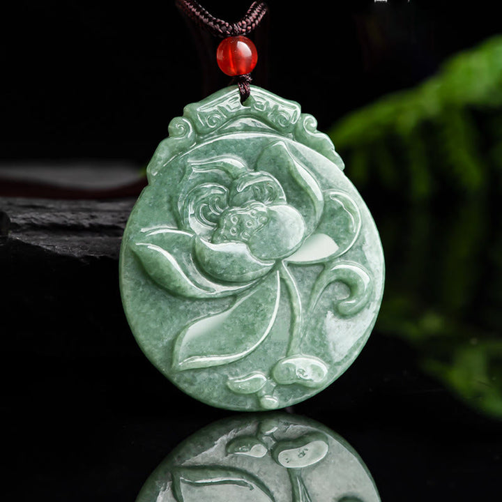 Buddha Stones Okrągły Wzór Lotosu Jadeit Obfitość Dobrobyt Naszyjnik Wisiorek Lina