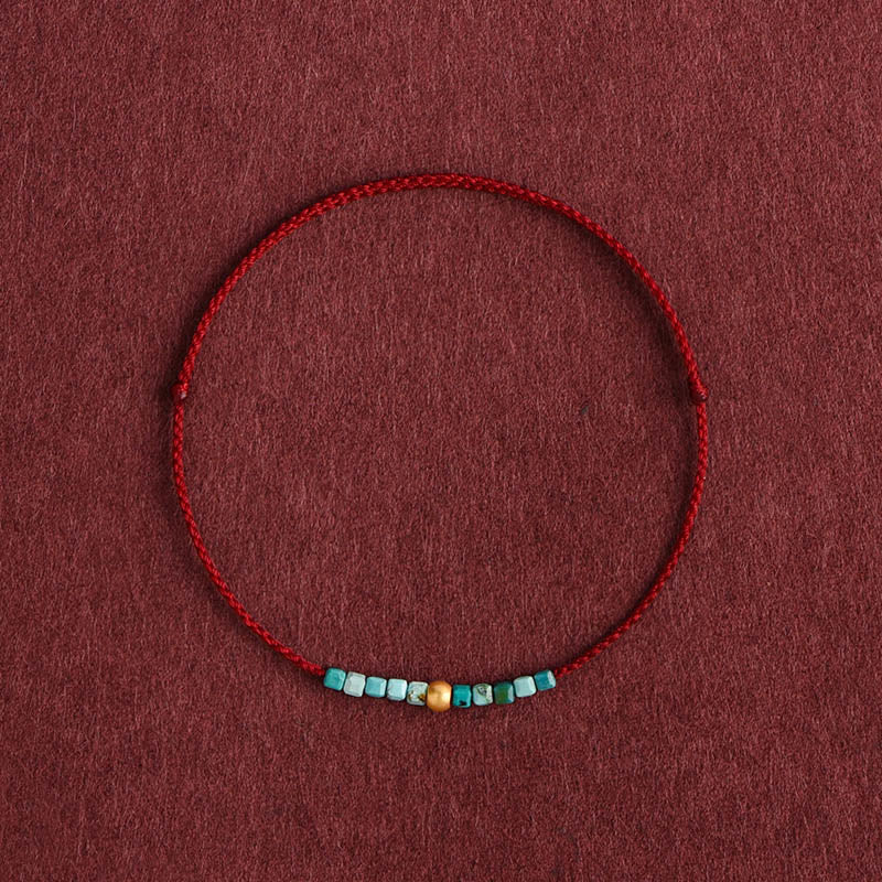 Buddha Stones 999 Złote Koraliki Turkusowa Ochrona Pleciona Bransoletka Na Kostkę - Ciemnoczerwona lina - Bransoletka na kostkę (obwód 18-30 cm) - image 0