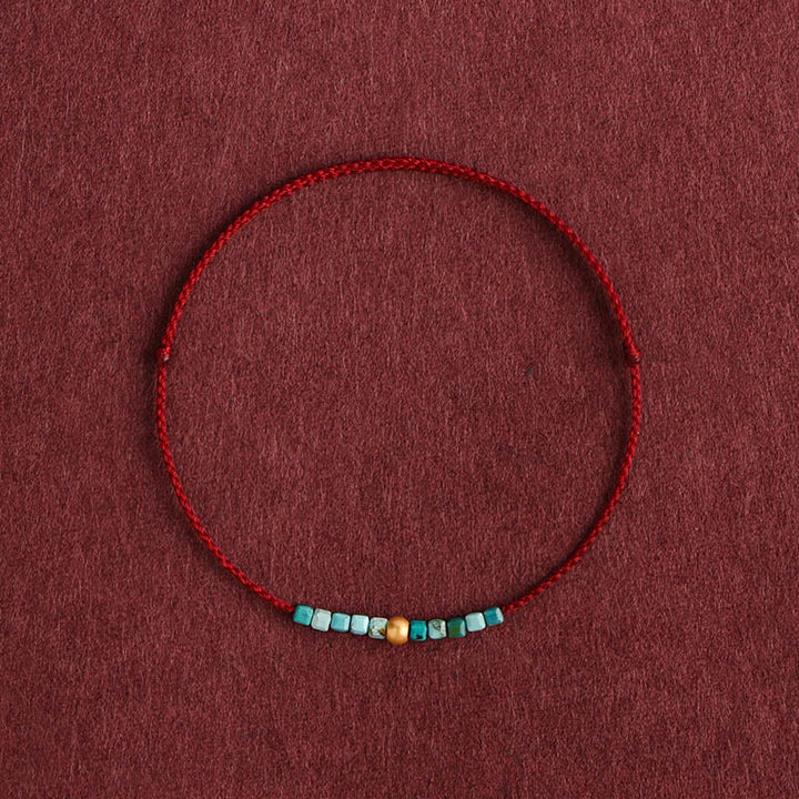 Buddha Stones 999 Złote Koraliki Turkusowa Ochrona Pleciona Bransoletka Na Kostkę - Ciemnoczerwona lina - Bransoletka na kostkę (obwód 18-30 cm) - image 0
