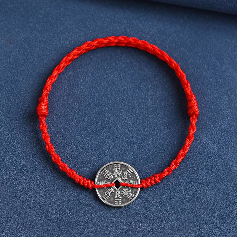 Buddha Stones 925 Srebro Sterling Ochrona Monety Pleciona Bransoletka Anklet - Czerwona lina - Bransoletka (obwód nadgarstka 15-20 cm) - image 9