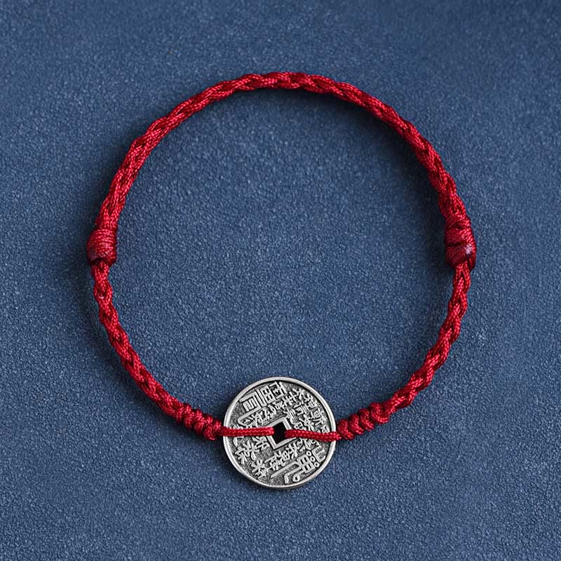 Buddha Stones 925 Srebro Sterling Ochrona Monety Pleciona Bransoletka Anklet - Ciemnoczerwona lina - Bransoletka (obwód nadgarstka 15-20 cm) - image 1