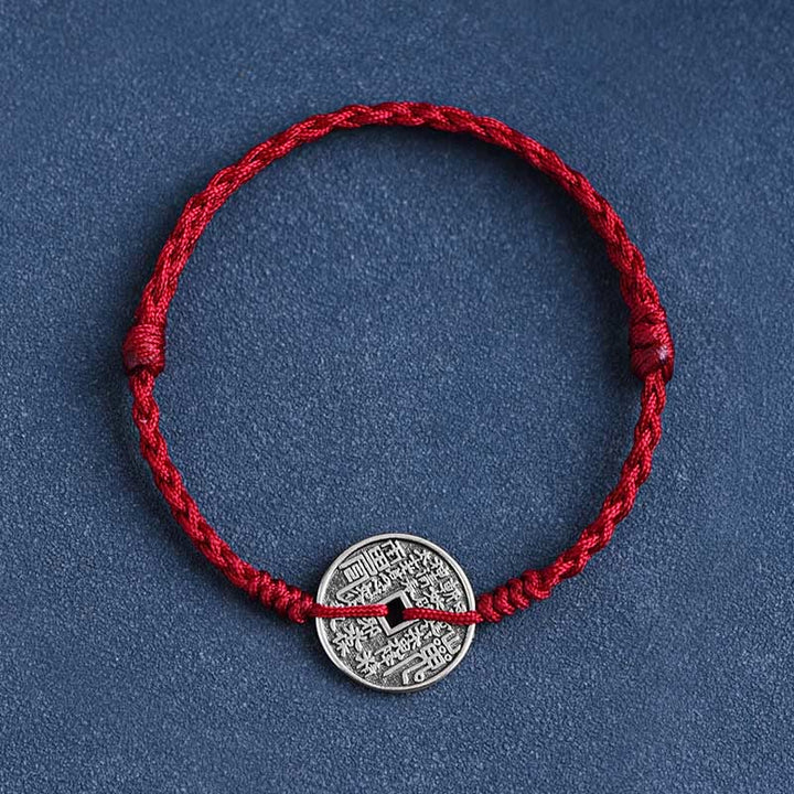 Buddha Stones 925 Srebro Sterling Ochrona Monety Pleciona Bransoletka Anklet - Ciemnoczerwona lina - Bransoletka (obwód nadgarstka 15-20 cm) - image 1