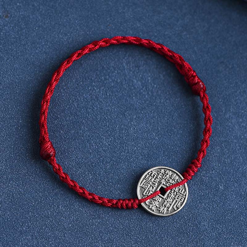 Buddha Stones 925 Srebro Sterling Ochrona Monety Pleciona Bransoletka Anklet - Ciemnoczerwona lina - Bransoletka na kostkę (obwód 18-30 cm) - image 2