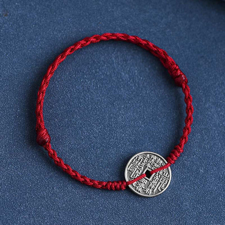 Buddha Stones 925 Srebro Sterling Ochrona Monety Pleciona Bransoletka Anklet - Ciemnoczerwona lina - Bransoletka na kostkę (obwód 18-30 cm) - image 2