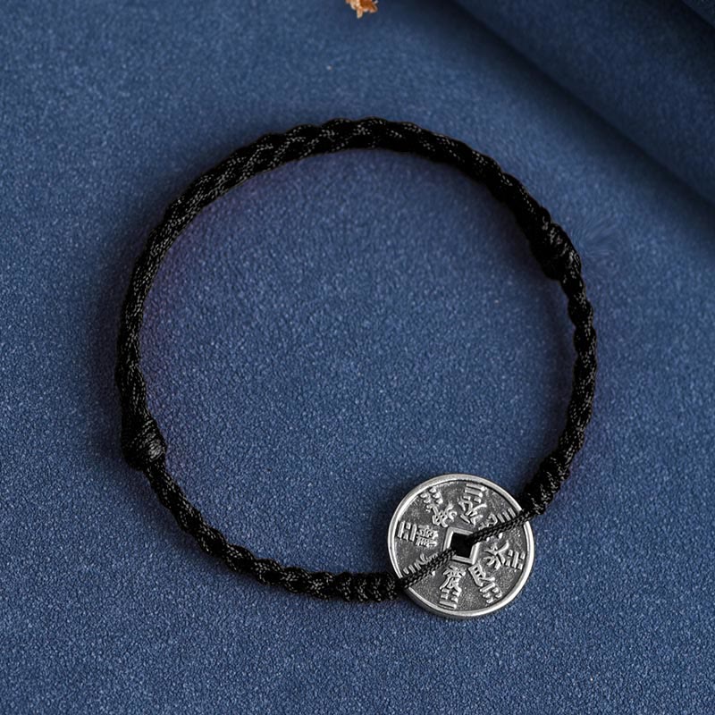 Buddha Stones 925 Srebro Sterling Ochrona Monety Pleciona Bransoletka Anklet - Czarna lina - Bransoletka na kostkę (obwód 18-30 cm) - image 16
