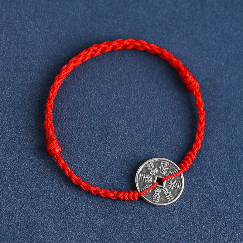 Buddha Stones 925 Srebro Sterling Ochrona Monety Pleciona Bransoletka Anklet - Czerwona lina - Bransoletka na kostkę (obwód 18-30 cm) - image 10