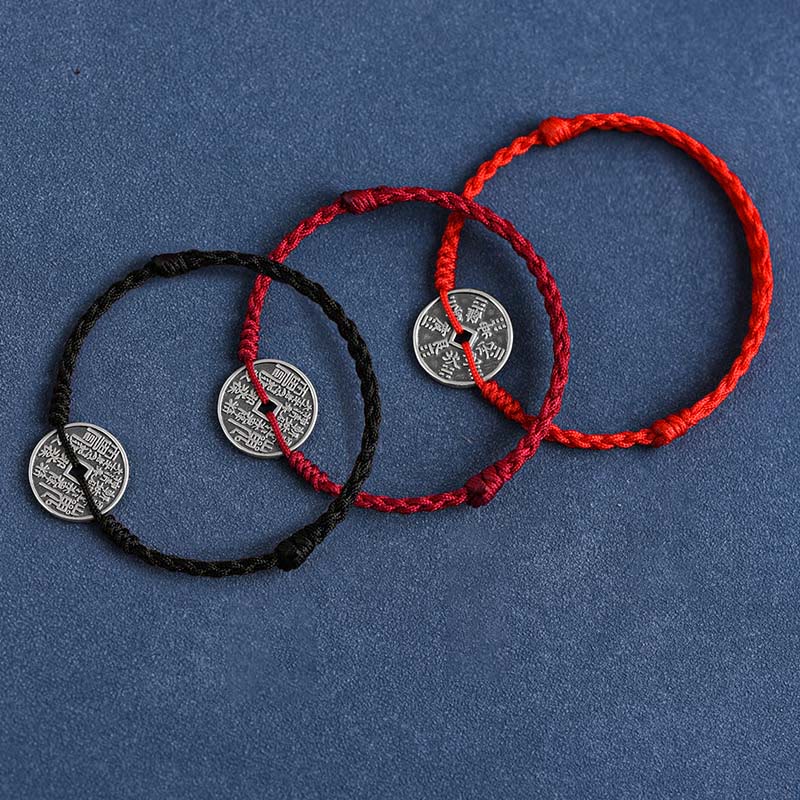 Buddha Stones 925 Srebro Sterling Ochrona Monety Pleciona Bransoletka Anklet