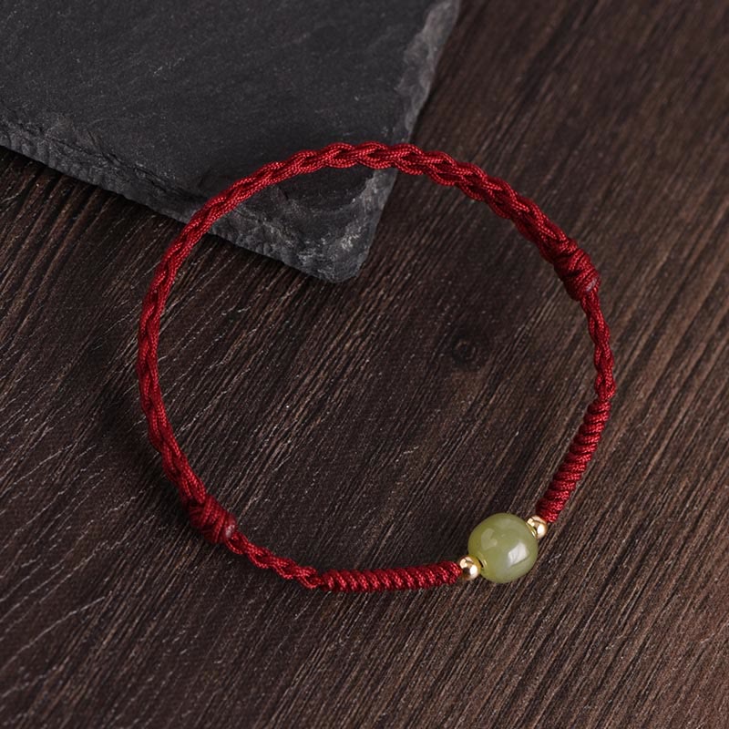 Buddha Stones Naturalny Jadeit Hetian 999 Złote Koraliki Ochrona Szczęścia Bransoletka Pleciona Bransoletka na Nogę - Ciemnoczerwona lina - Koraliki z jadeitu hetyjskiego 14k złota - Bransoletka na kostkę (obwód 17-30 cm) - image 1