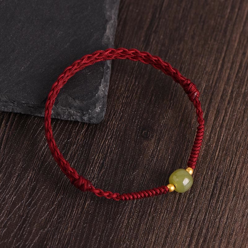 Buddha Stones Naturalny Jadeit Hetian 999 Złote Koraliki Ochrona Szczęścia Bransoletka Pleciona Bransoletka na Nogę - Ciemnoczerwona lina - Koraliki z jadeitu hetyjskiego 999 złota - Bransoletka na kostkę (obwód 17-30 cm) - image 2