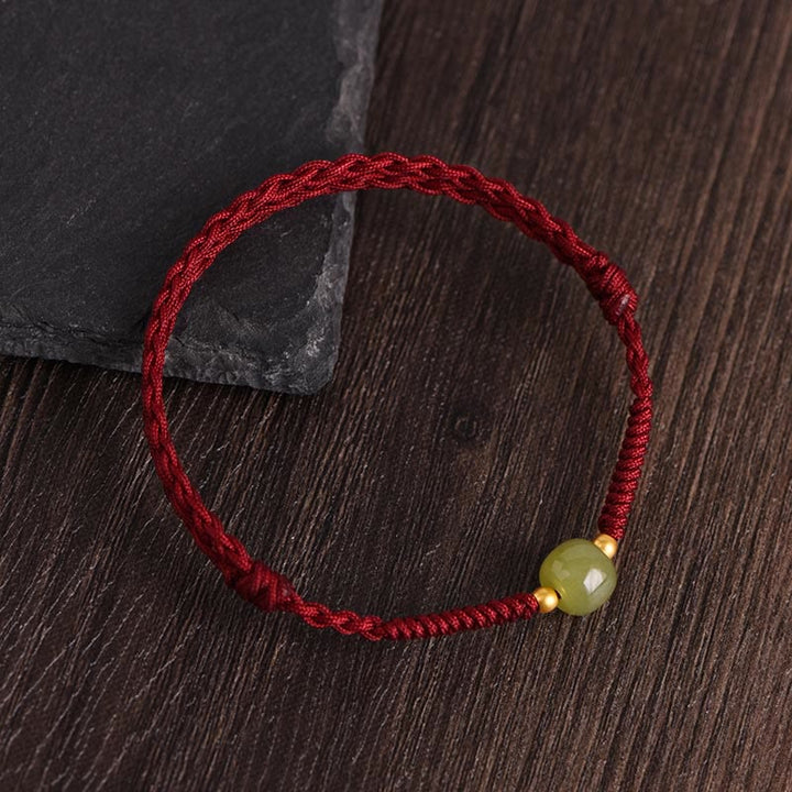 Buddha Stones Naturalny Jadeit Hetian 999 Złote Koraliki Ochrona Szczęścia Bransoletka Pleciona Bransoletka na Nogę - Ciemnoczerwona lina - Koraliki z jadeitu hetyjskiego 999 złota - Bransoletka na kostkę (obwód 17-30 cm) - image 2