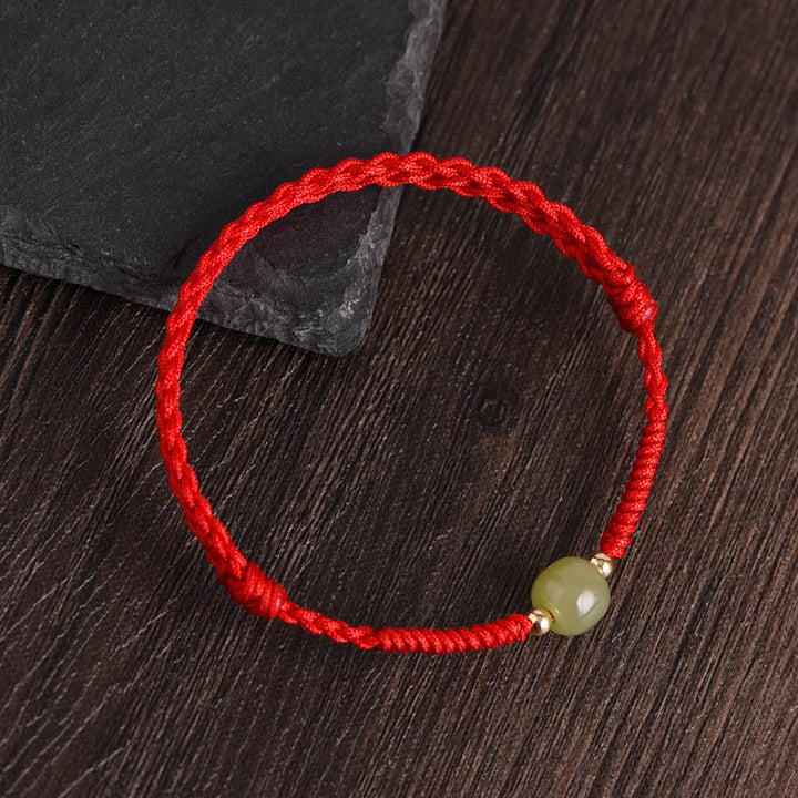 Buddha Stones Naturalny Jadeit Hetian 999 Złote Koraliki Ochrona Szczęścia Bransoletka Pleciona Bransoletka na Nogę - Czerwona lina - Koraliki z jadeitu hetyjskiego 14k złota - Bransoletka na kostkę (obwód 17-30 cm) - image 10