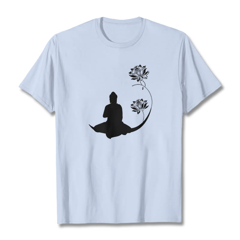 Buddha Stones Budda Siedzący Z Kwiatami Lotosu Wzór Wzór Koszulka T-shirt - Jasnoniebieski - 2XL - image 19