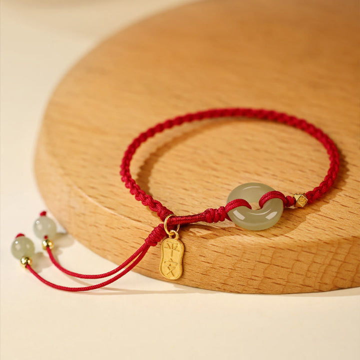 Buddha Stones Naturalny Hetian Jade Peace Buckle Czerwony sznurek Szczęście Pleciona Bransoletka