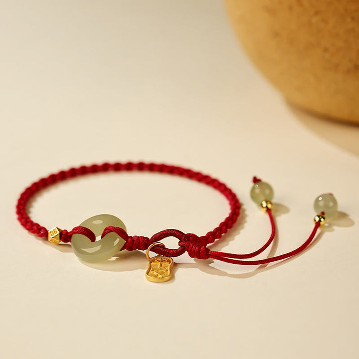 Buddha Stones Naturalny Hetian Jade Peace Buckle Czerwony sznurek Szczęście Pleciona Bransoletka