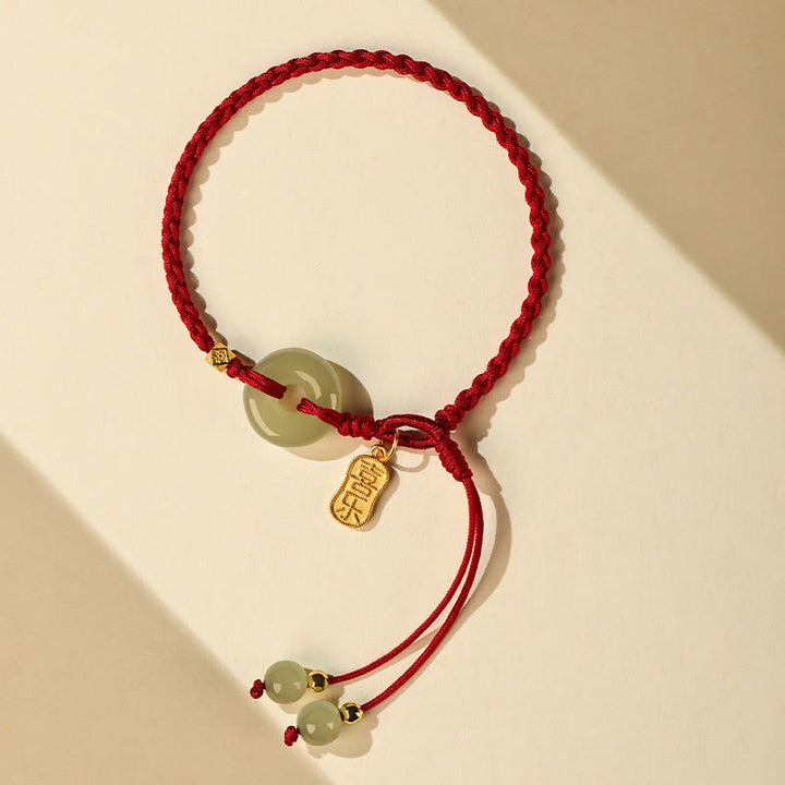 Buddha Stones Naturalny Hetian Jade Peace Buckle Czerwony sznurek Szczęście Pleciona Bransoletka