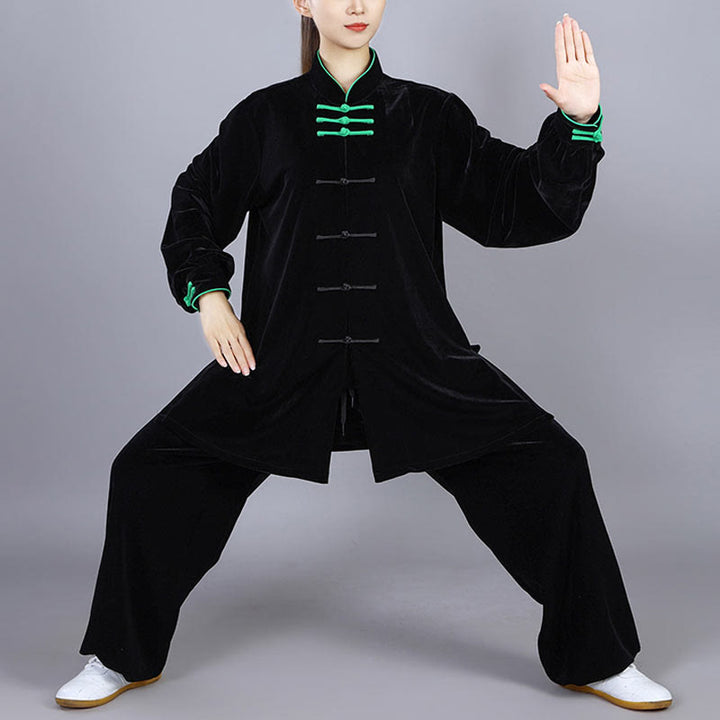 Buddha Stones 2 szt. Jesień Zima Tai Chi Qigong Praktyka Unisex Żaba-guzik Medytacja Welur Odzież Zestaw - Czarny - 3XL- PASUJE DO USA/UK/AU/EU- XL - image 17