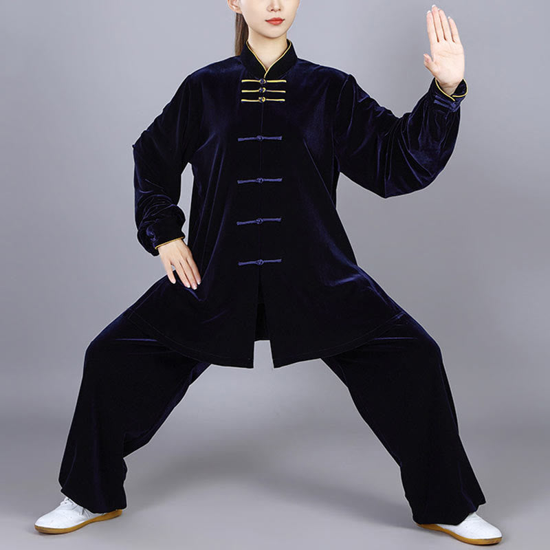 Buddha Stones 2 szt. Jesień Zima Tai Chi Qigong Praktyka Unisex Żaba-guzik Medytacja Welur Odzież Zestaw - MidnightBlue - 3XL- PASUJE DO USA/UK/AU/EU- XL - image 0