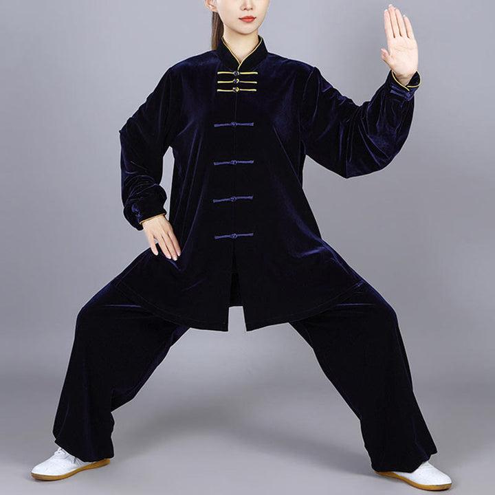 Buddha Stones 2 szt. Jesień Zima Tai Chi Qigong Praktyka Unisex Żaba-guzik Medytacja Welur Odzież Zestaw - MidnightBlue - 3XL- PASUJE DO USA/UK/AU/EU- XL - image 0