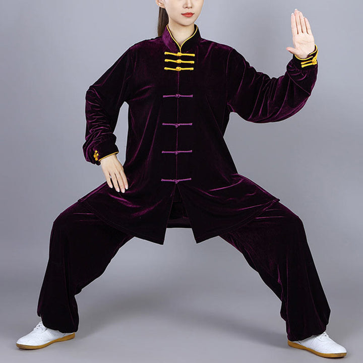 Buddha Stones 2 szt. Jesień Zima Tai Chi Qigong Praktyka Unisex Żaba-guzik Medytacja Welur Odzież Zestaw - Ciemna Magenta - 3XL- PASUJE DO USA/ UK/AU/ EU- XL - image 14