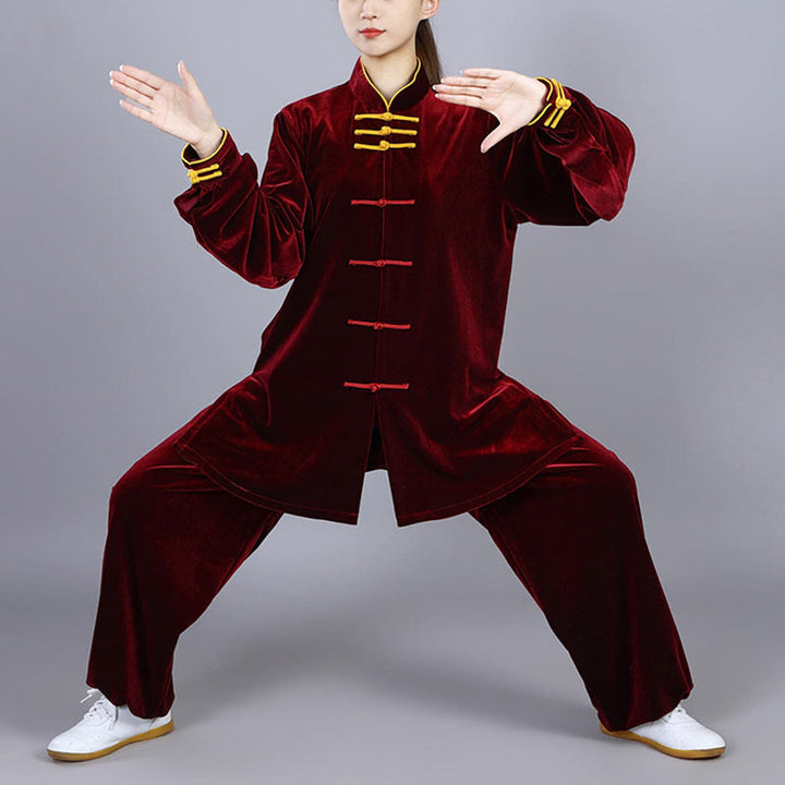 Buddha Stones 2 szt. Jesień Zima Tai Chi Qigong Praktyka Unisex Żaba-guzik Medytacja Welur Odzież Zestaw - image 3