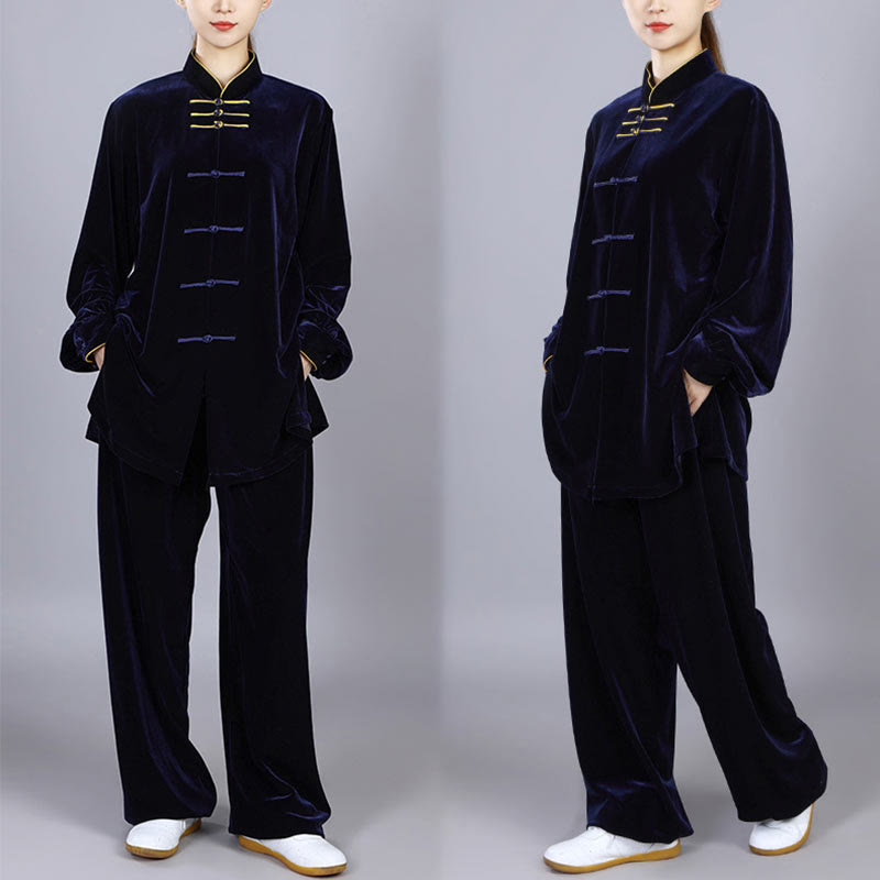 Buddha Stones 2 szt. Jesień Zima Tai Chi Qigong Praktyka Unisex Żaba-guzik Medytacja Welur Odzież Zestaw - image 1