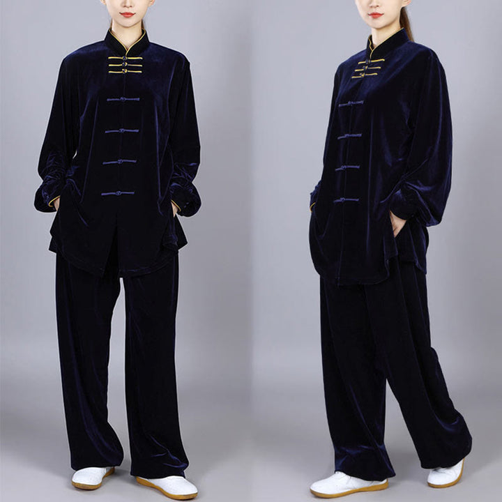 Buddha Stones 2 szt. Jesień Zima Tai Chi Qigong Praktyka Unisex Żaba-guzik Medytacja Welur Odzież Zestaw - image 1