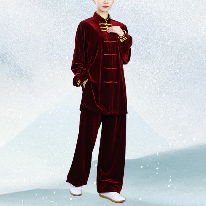 Buddha Stones 2 szt. Jesień Zima Tai Chi Qigong Praktyka Unisex Żaba-guzik Medytacja Welur Odzież Zestaw - image 6