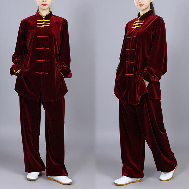 Buddha Stones 2 szt. Jesień Zima Tai Chi Qigong Praktyka Unisex Żaba-guzik Medytacja Welur Odzież Zestaw - image 4