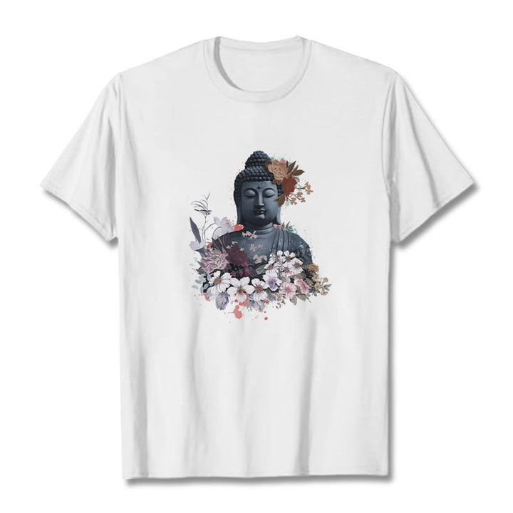 Buddha Stones Kolorowe Kwiaty Wokół Buddy Wzór Koszulka T-shirt - Biały - 2XL - image 1