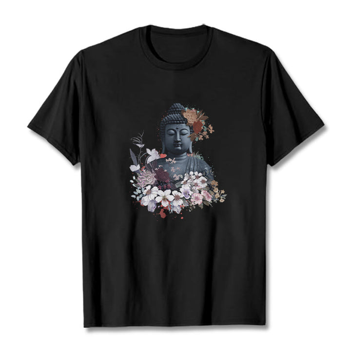 Buddha Stones Kolorowe Kwiaty Wokół Buddy Wzór Koszulka T-shirt - Czarny - 2XL - image 5