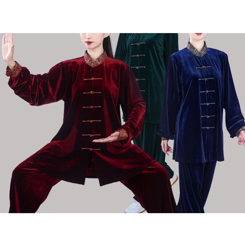 Buddha Stones 2 szt. Jesień Zima Tai Chi Qigong Pomyślne Chmury Stojący Kołnierz Żaba-Guzik Unisex Welur Medytacja Odzież Zestaw - image 21