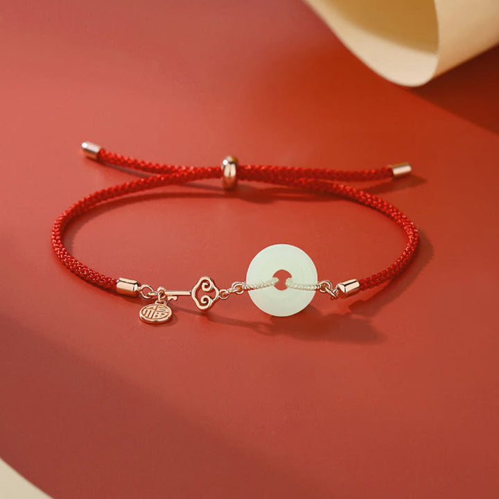 Buddha Stones Naturalne Hetian Jade Peace Buckle 925 Srebro Sterling Czerwony Sznurek Fu Charakter Ochrona Szczęścia Bransoletka