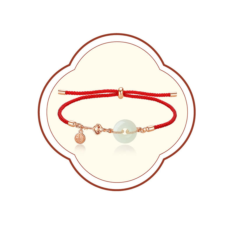 Buddha Stones Naturalne Hetian Jade Peace Buckle 925 Srebro Sterling Czerwony Sznurek Fu Charakter Ochrona Szczęścia Bransoletka