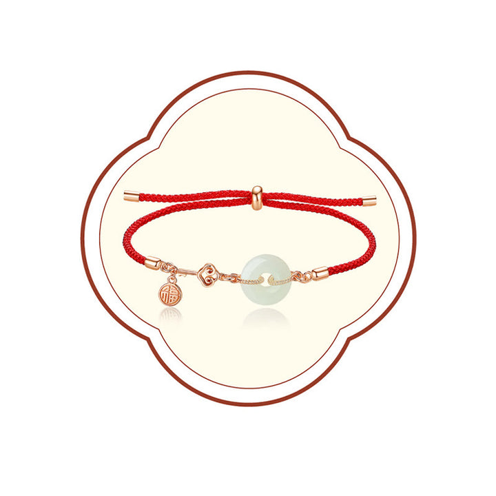 Buddha Stones Naturalne Hetian Jade Peace Buckle 925 Srebro Sterling Czerwony Sznurek Fu Charakter Ochrona Szczęścia Bransoletka