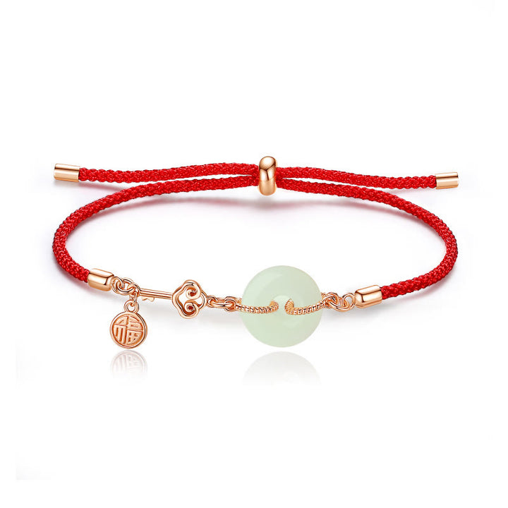 Buddha Stones Naturalne Hetian Jade Peace Buckle 925 Srebro Sterling Czerwony Sznurek Fu Charakter Ochrona Szczęścia Bransoletka