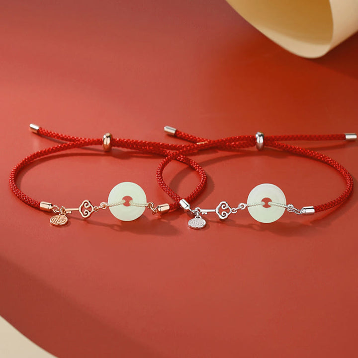 Buddha Stones Naturalne Hetian Jade Peace Buckle 925 Srebro Sterling Czerwony Sznurek Fu Charakter Ochrona Szczęścia Bransoletka