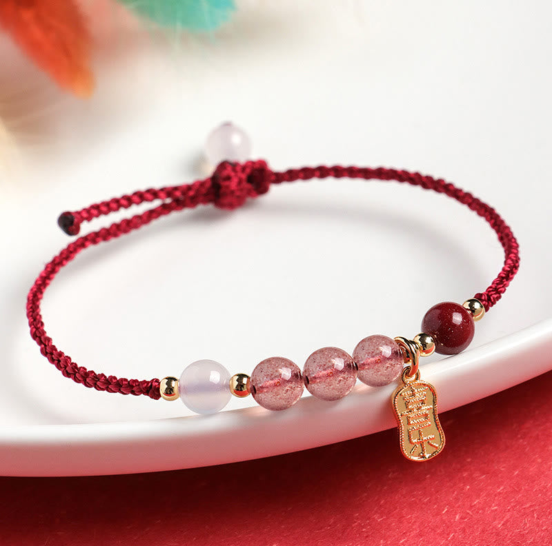 Buddha Stones Naturalny Kwarc Truskawkowy Jadeit Biały Agat Czerwony Sznurek Pozytywna Bransoletka