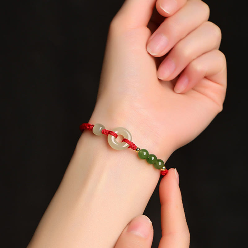 Buddha Stones Naturalne Hetian Jade Peace Buckle Czerwona Sznurkowa Bransoletka Ochronna Szczęścia